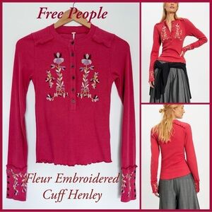 NWT Free People Fleur Embroidered Cuff Henley in Retro Red Size XS